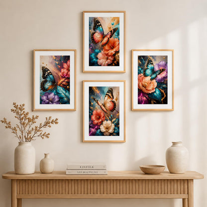 Set of 4 Butterfly Floral Wall Paintings with Sparkle Laminate and Premium Wooden Synthetic Frame for Living Room Bedroom Office Decor (13.5 x 19.5 Inch)
