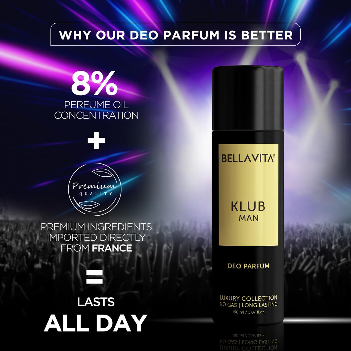 Bellavita Klub Man deo parfum bottle with promotional text on a dark background