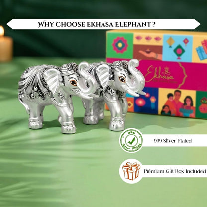 999 Pure Silver Plated Elephant Pair Showpiece with Gift Box | Silver Idol Set Home Decor Office Desk | Good Luck Feng Shui Vastu Animal Pair Religious Housewarming Griha Pravesh Gift