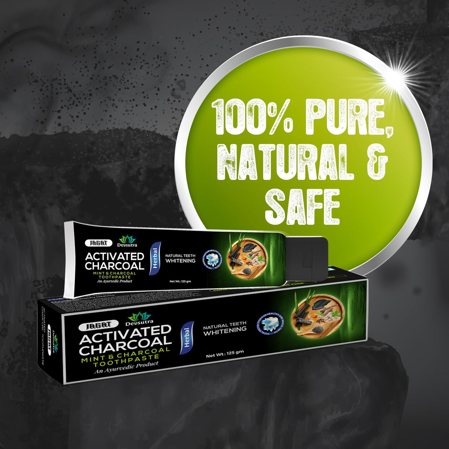 Jagat Devsutra Dr. Trusted Ayurvedic HERBAL Activated Charcoal Toothpaste for Teeth Whitening - 100% Natural Formula with Mint Flavour, No Fluoride & Artificial Colours - Pack of 2 (125g x 2)