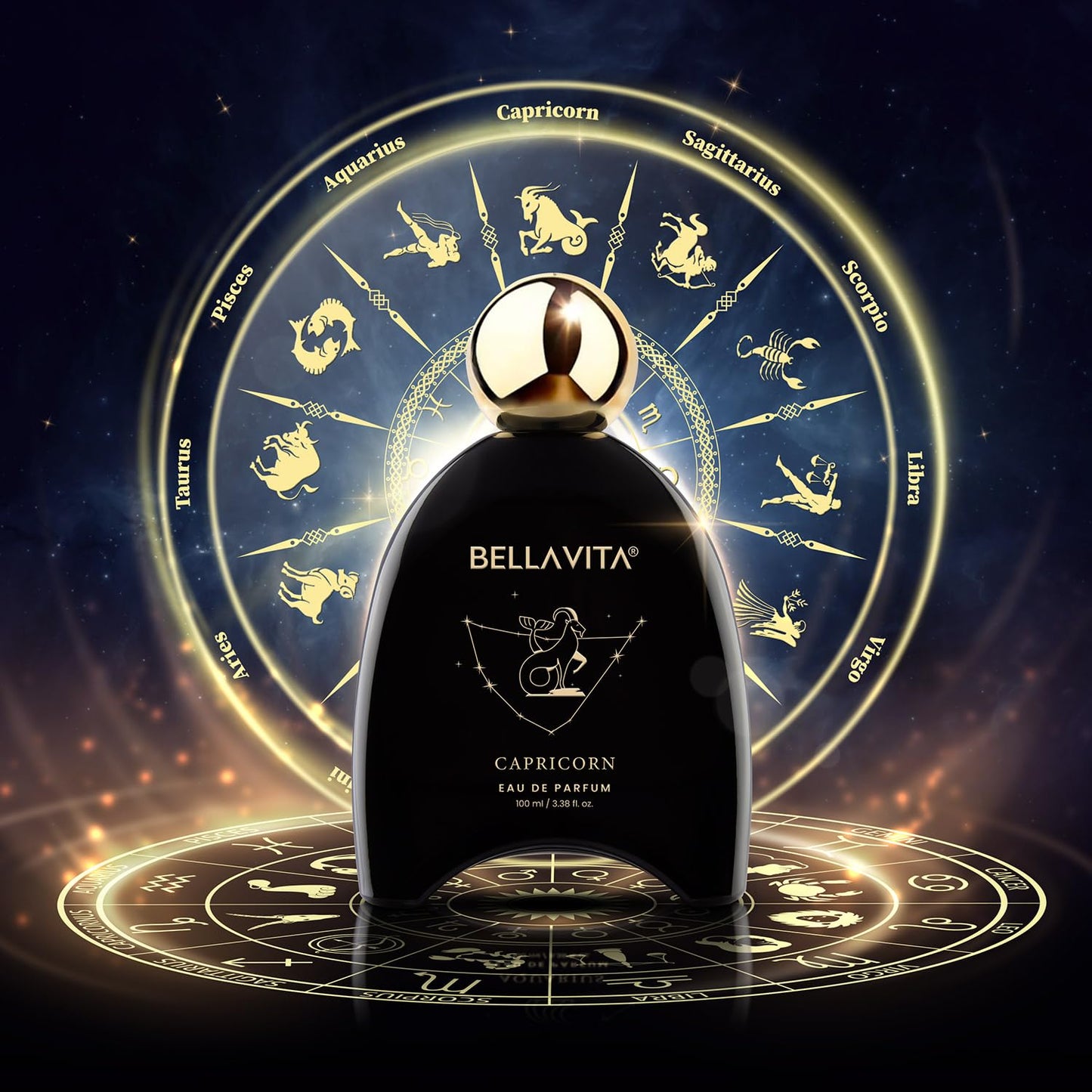 Bottle of Bellavita Capricorn Eau de Parfum with zodiac symbols in the background