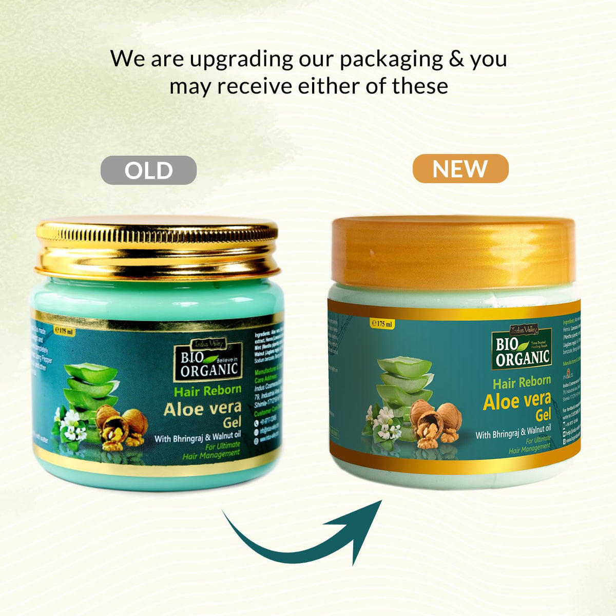 Comparison of old and new packaging for Bio Organic Aloe vera gel jars.