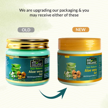 Comparison of old and new packaging for Bio Organic Aloe vera gel jars.