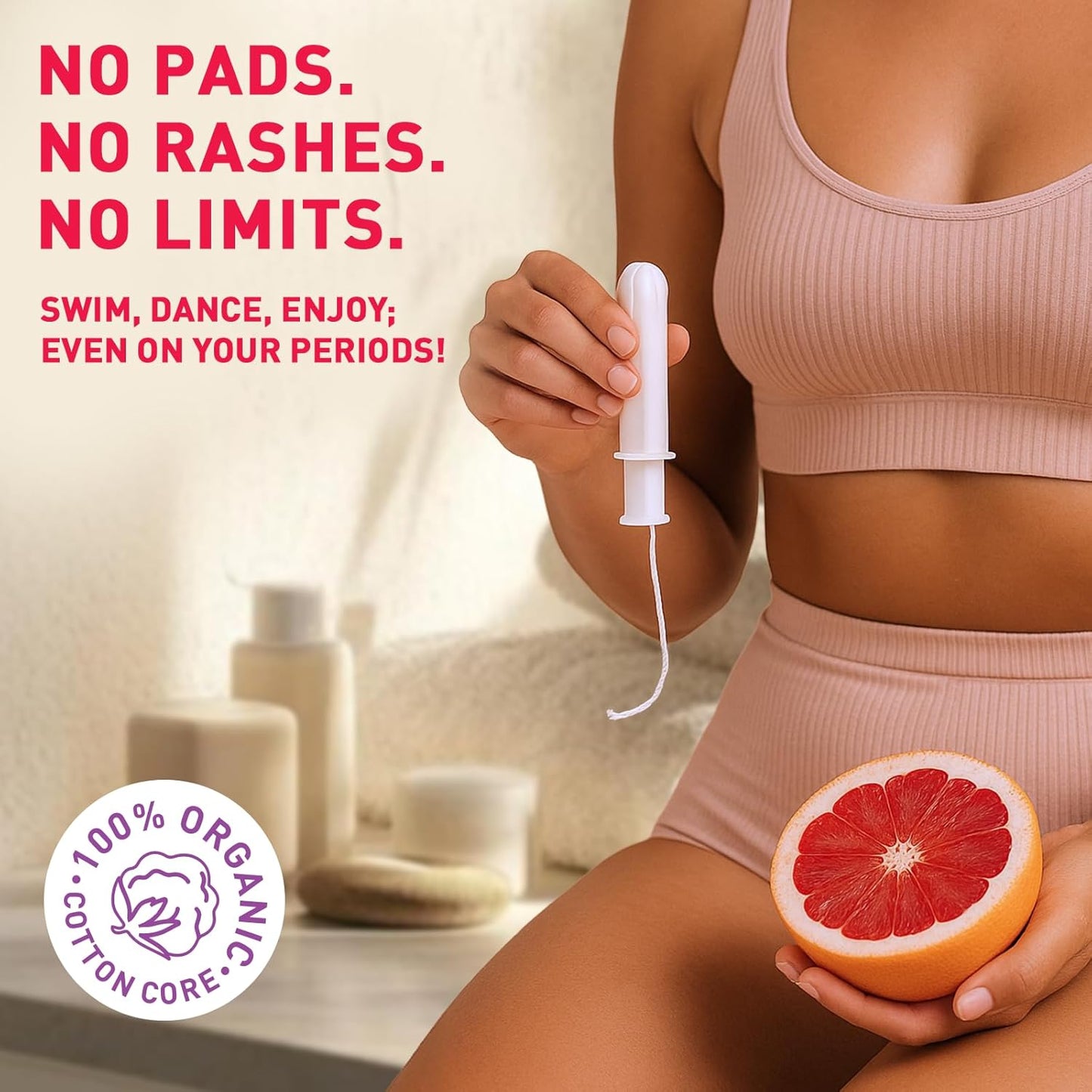 Person holding a product with text about no pads, no rashes, no limits, and organic cotton core.