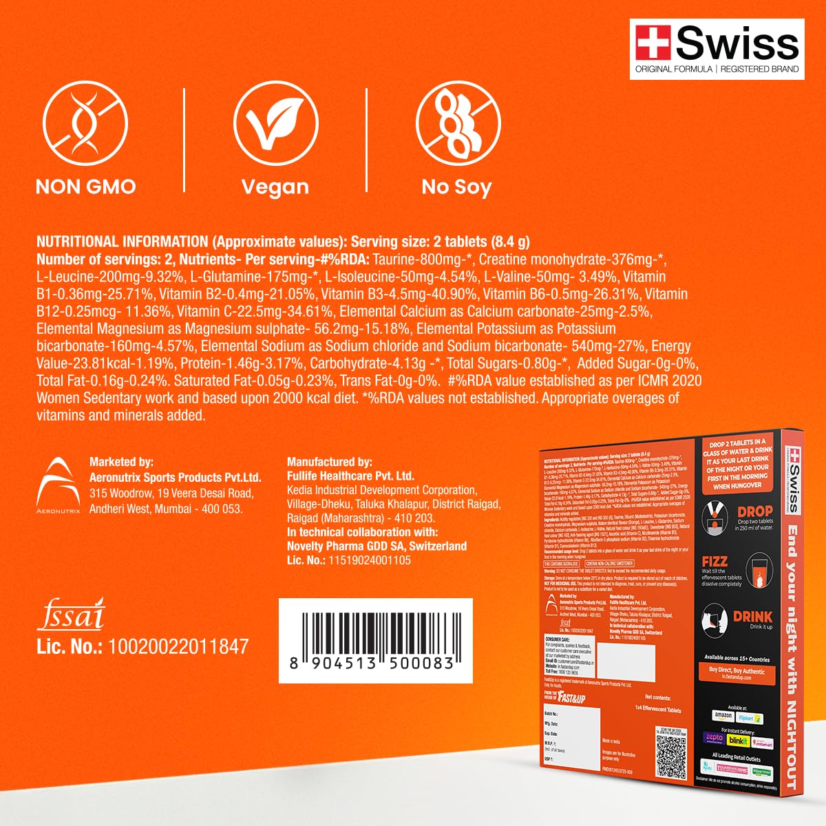 Fast&Up NightOut | 4 Effervescent tabs | Instant Hangover Relief | Helps detoxify liver | Rapid hydration & energy | Helps prevent Hangover | Zero sugar | Orange Flavour