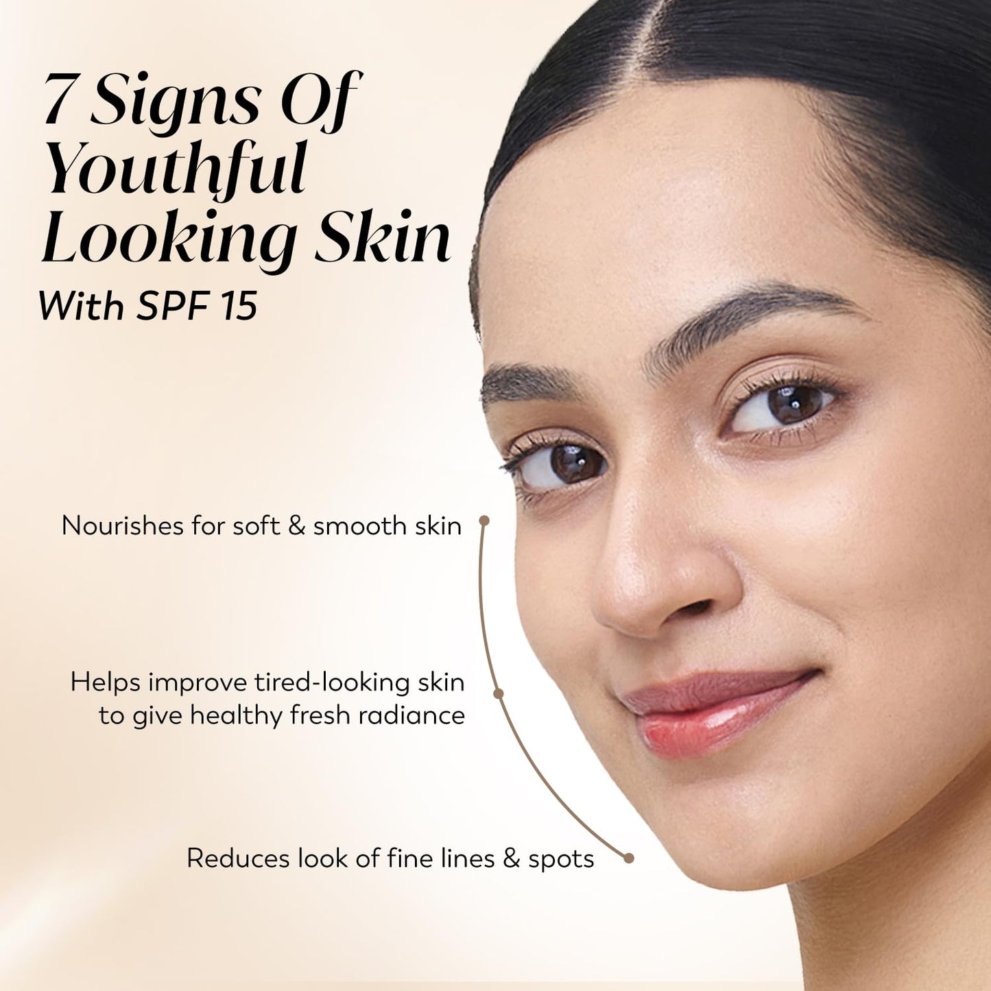Woman's face with text about SPF 15 skincare benefits on a beige background