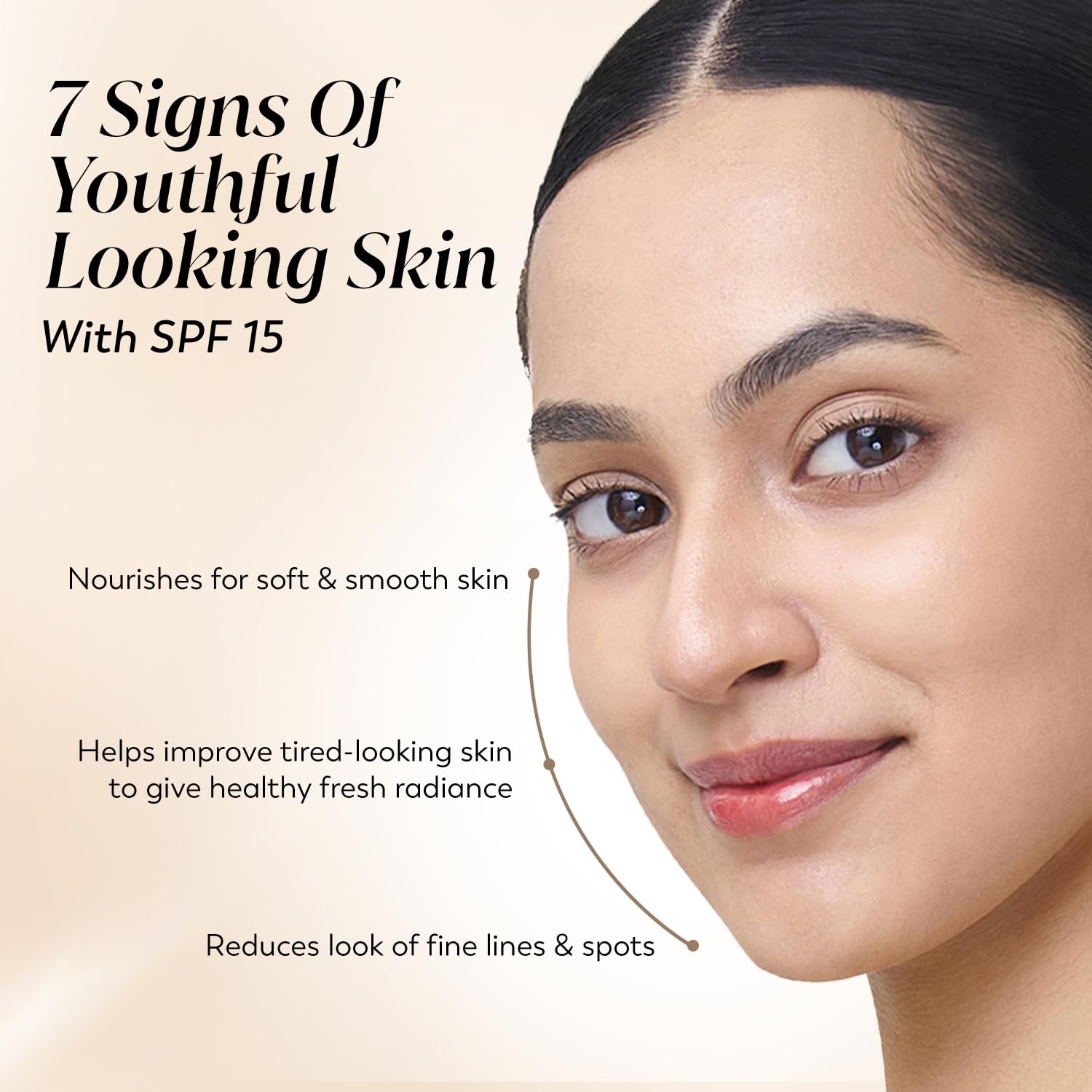 Woman's face with text about SPF 15 skincare benefits on a beige background