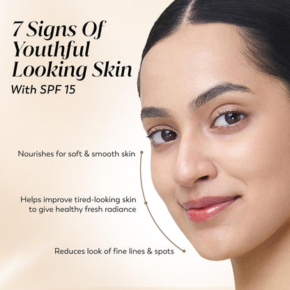Woman's face with text about SPF 15 skincare benefits on a beige background