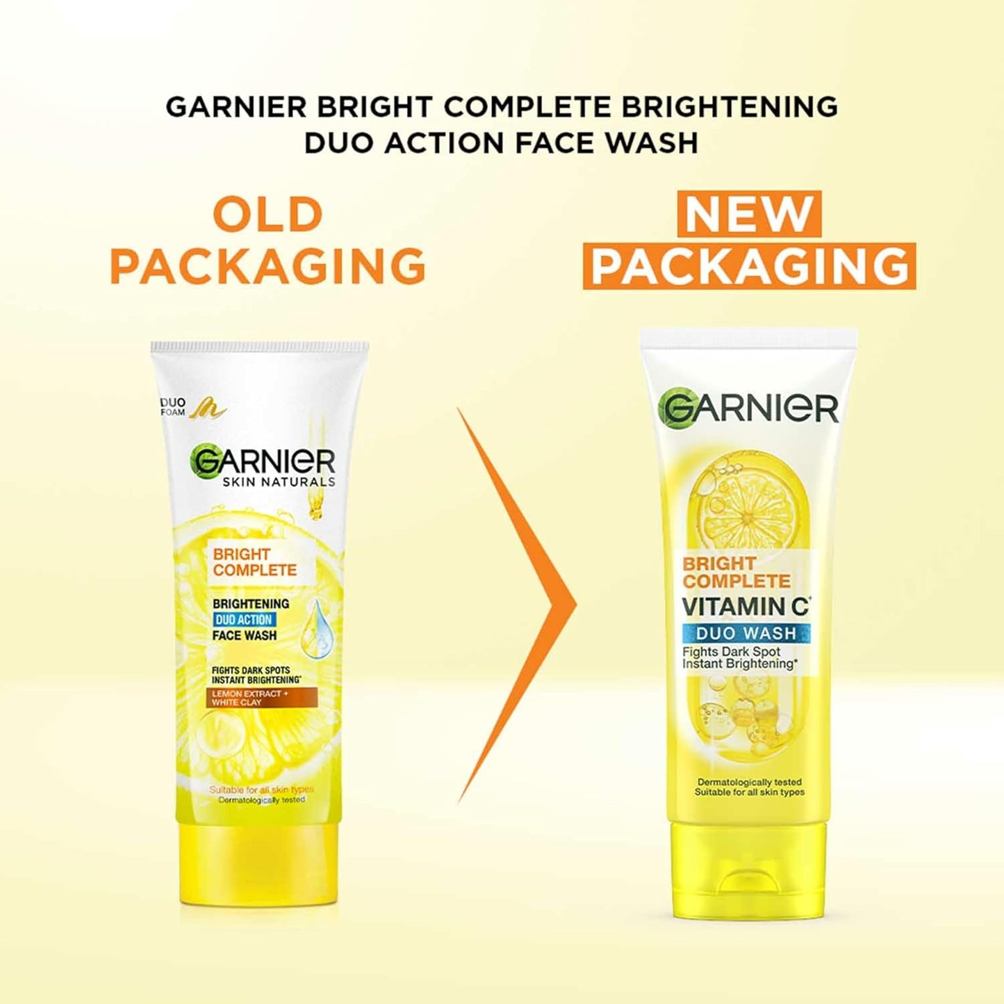 Comparison of Garnier Bright Complete Duo Action Face Wash old and new packaging on a beige background.