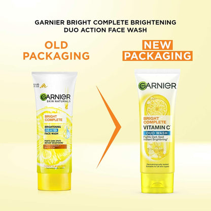 Comparison of Garnier Bright Complete Duo Action Face Wash old and new packaging on a beige background.