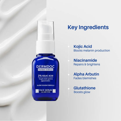 DERMDOC 2% Kojic Acid Face Serum, 20ml | Dark Spots & Pigmentation Control | Brightening, Even-Tone Formula with Niacinamide + Alpha Arbutin + Glutathione | Spot Corrector Serum for Acne Marks, Tanning & Uneven Skin Tone