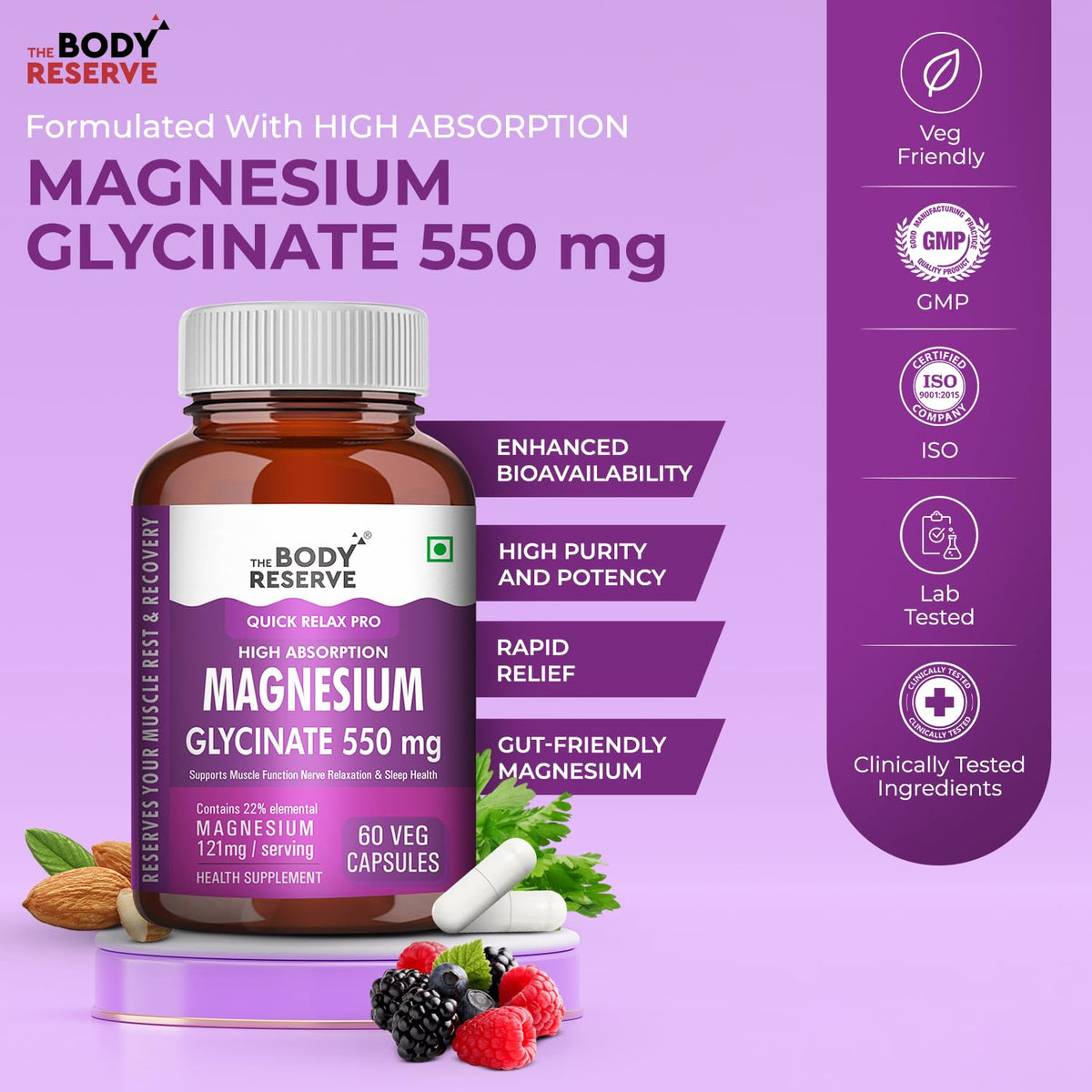 Supplement bottle labeled 'The Body Reserve Magnesium Glycinate 550 mg' on a purple background with product features listed.