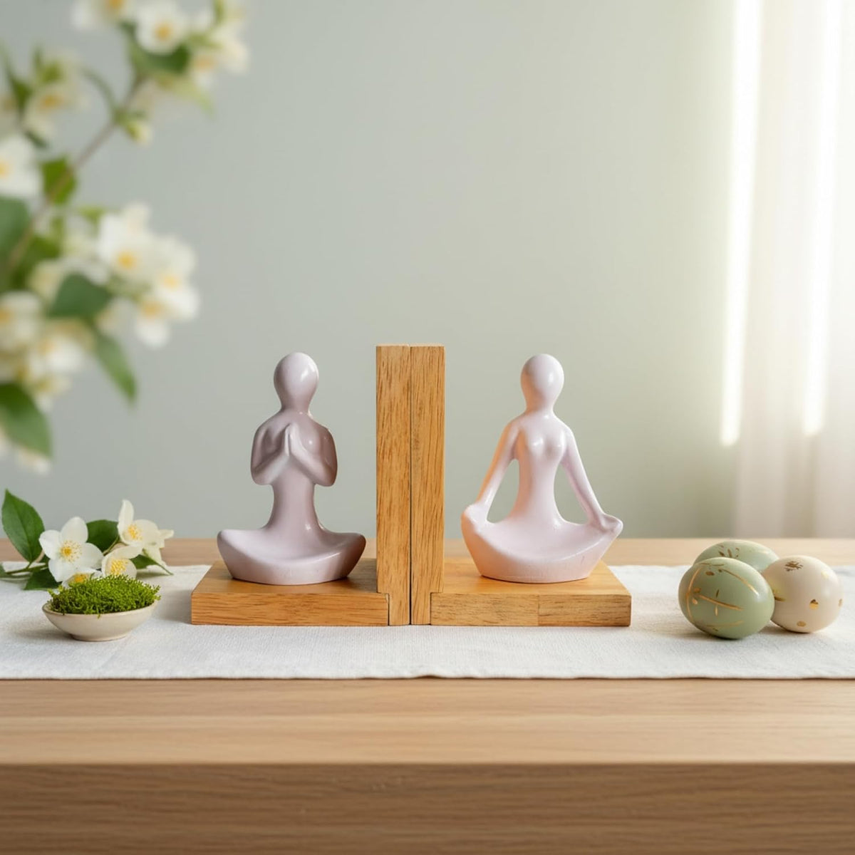 eCraftIndia Wooden Book End and Yoga Lady Statues Decorative Showpiece for Home Decor in Living Room Office