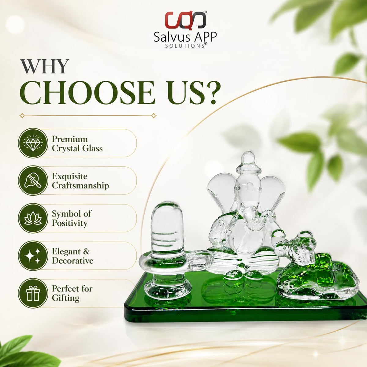 Crystal Glass Shiva Ganesha Nandi Statue, Decorative Religious Showpiece for Home, Temple & Office, Green Hindu God Idol for Pooja Room & Spiritual Decor, 4 x 2.5 Inch