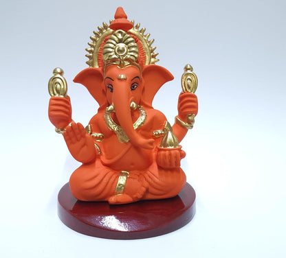 Handcrafted Poly Resin Ganesha Statue with Base - Perfect for Car Dashboard, Office Desk, Shelves, and Home Decor - Ideal Housewarming Gift! (4HandOrangeTerracottaMDf)