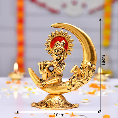 Gold Plated Metal Handicraft Lord Krishna On Moon Playing Basuri Flute Home Decor Idol for Puja and Office Shop Counter Decoration Purpose Showpiece Festive Home Office Gifts