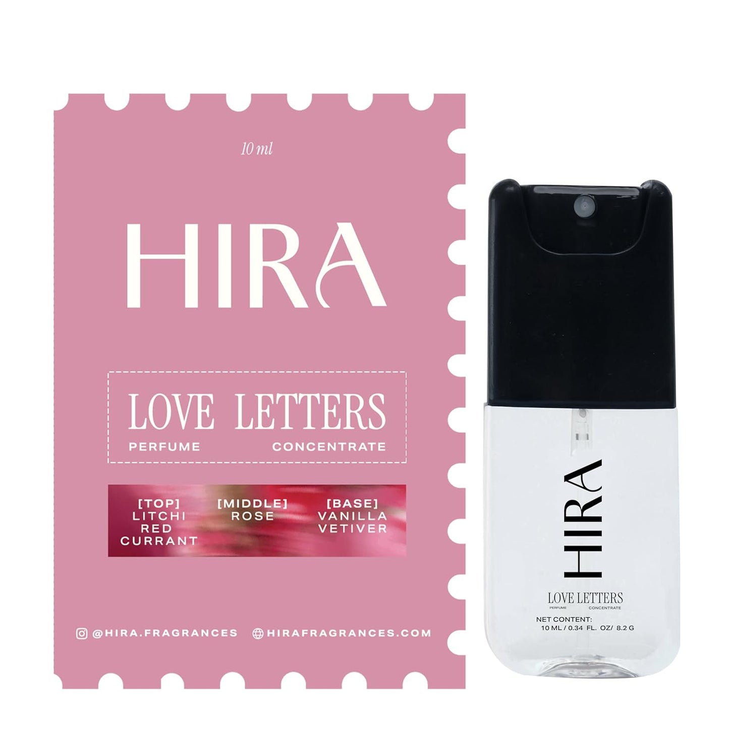 HIRA Love Letters perfume concentrate packaging and bottle on a white background