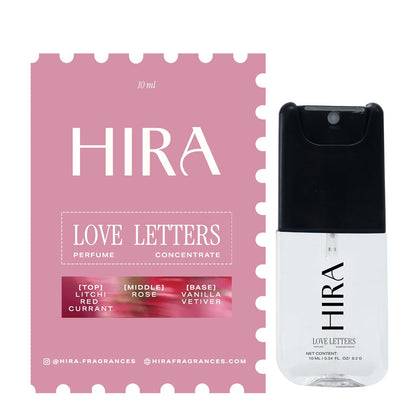 HIRA Love Letters perfume concentrate packaging and bottle on a white background