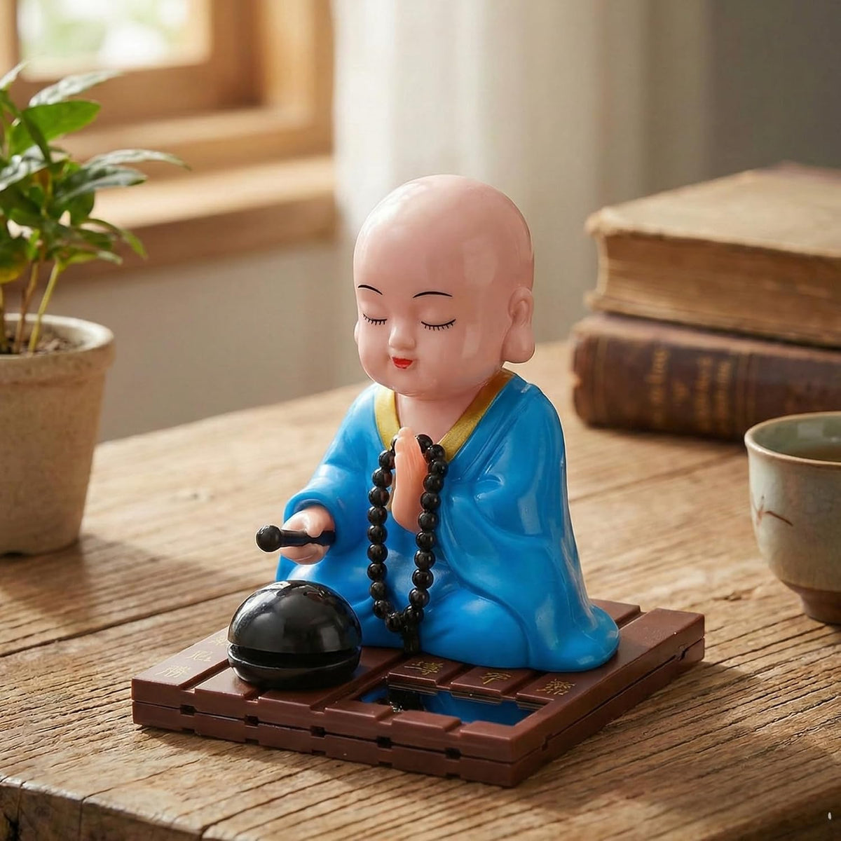 eCraftIndia Little Cute Buddha Monk Feng Shui Showpiece for Home Decor Office Car Dashboard | Moving Head and Hand Monk Buddha Statue for Positive Energy Money Luck Prosperity Gift (Plastic, Blue)