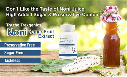 Trexegenics Noni Super Fruit Extract bottle and noni juice bottle on a wooden surface with greenery in the background.