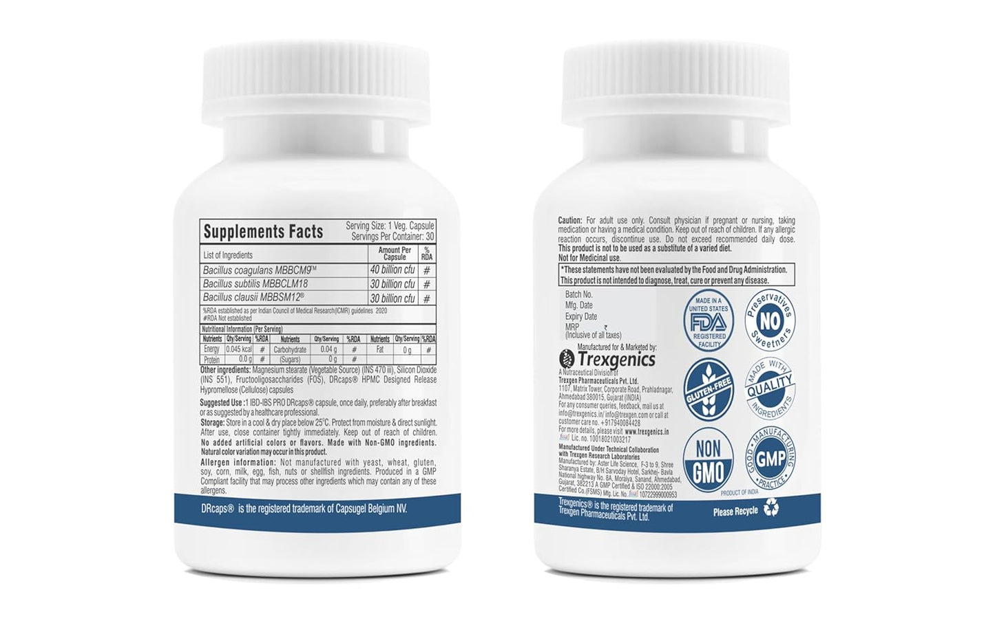 Two white supplement bottles with labels on a white background