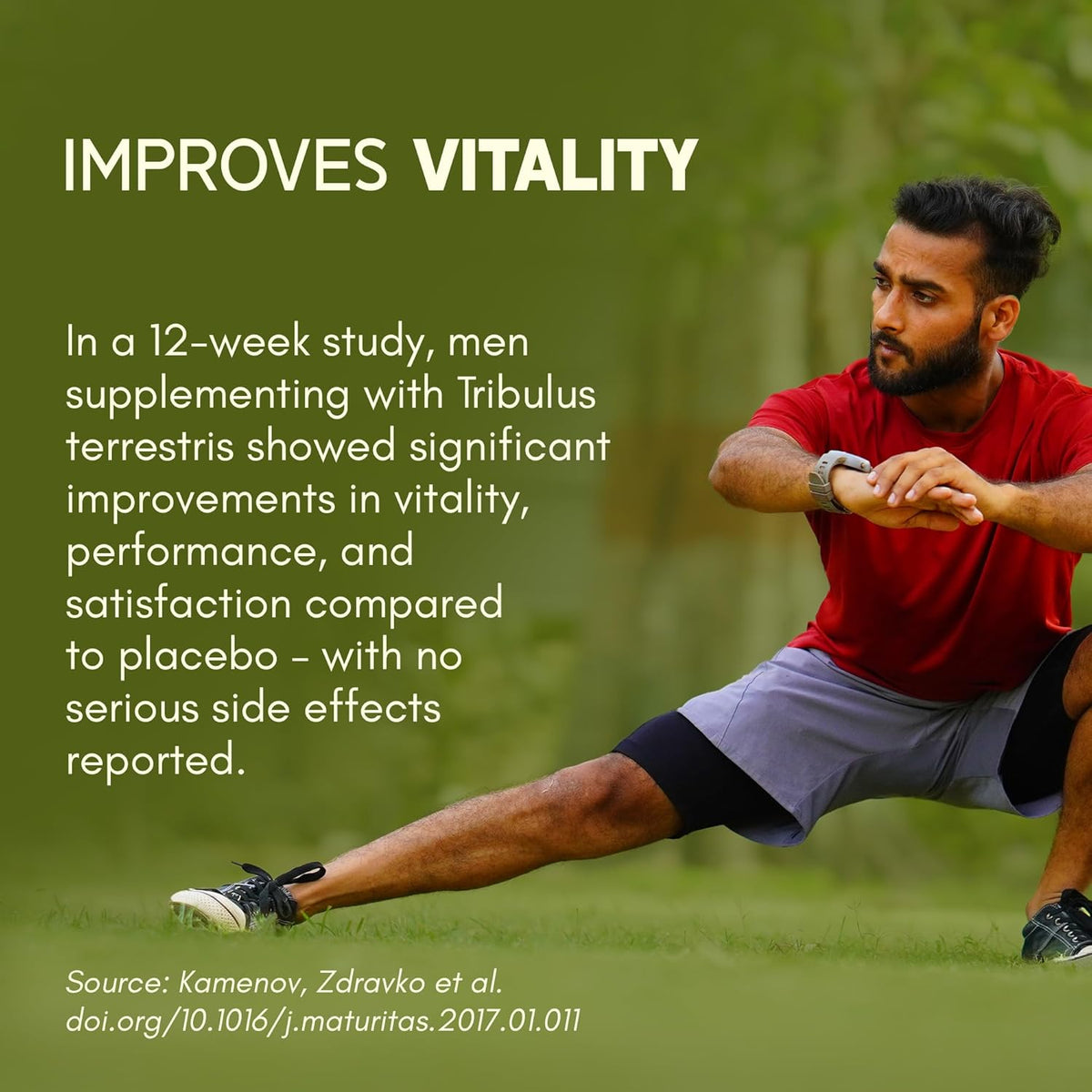 Man exercising outdoors with text about Tribulus terrestris supplement benefits on a green background