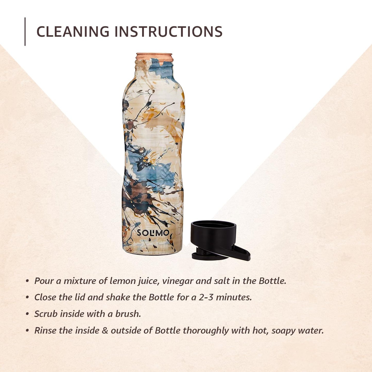 Cleaning instructions for a Solimo water bottle on a beige background