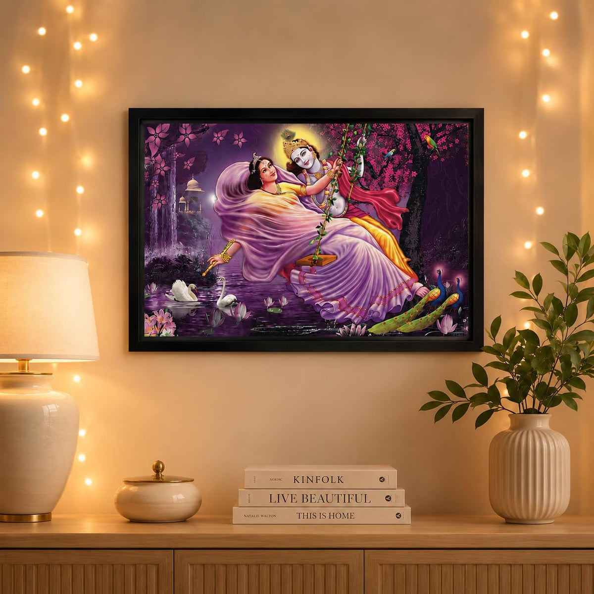 Beautiful Swinging Radha Krishna Art Framed Painting | Ready to Hang (Wooden frame, 12inch x 18 inch)