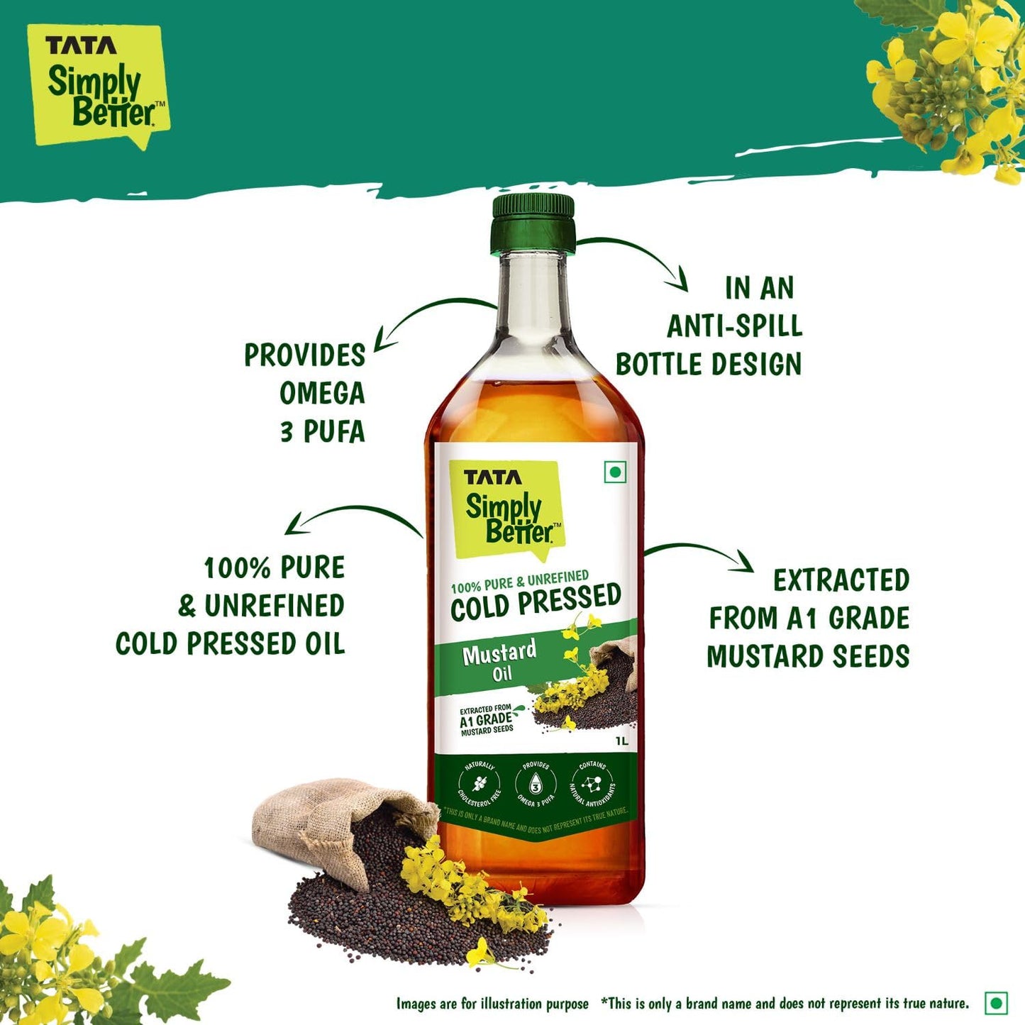Tata Simply Better Pure & Unrefined Cold Pressed Mustard Oil,Naturally Cholesterol Free, 1L, Rich Aroma & Flavour of Real Mustard Seeds, A1 Grade Mustard Seeds