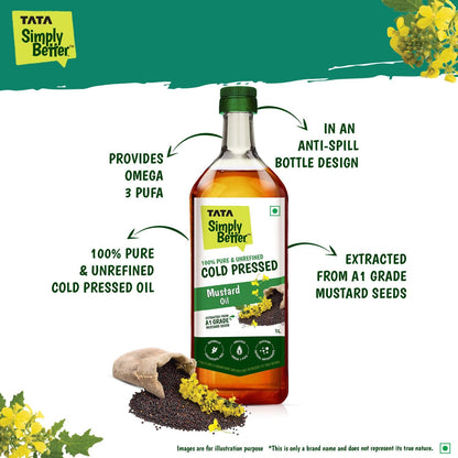 Tata Simply Better Pure & Unrefined Cold Pressed Mustard Oil,Naturally Cholesterol Free, 1L, Rich Aroma & Flavour of Real Mustard Seeds, A1 Grade Mustard Seeds