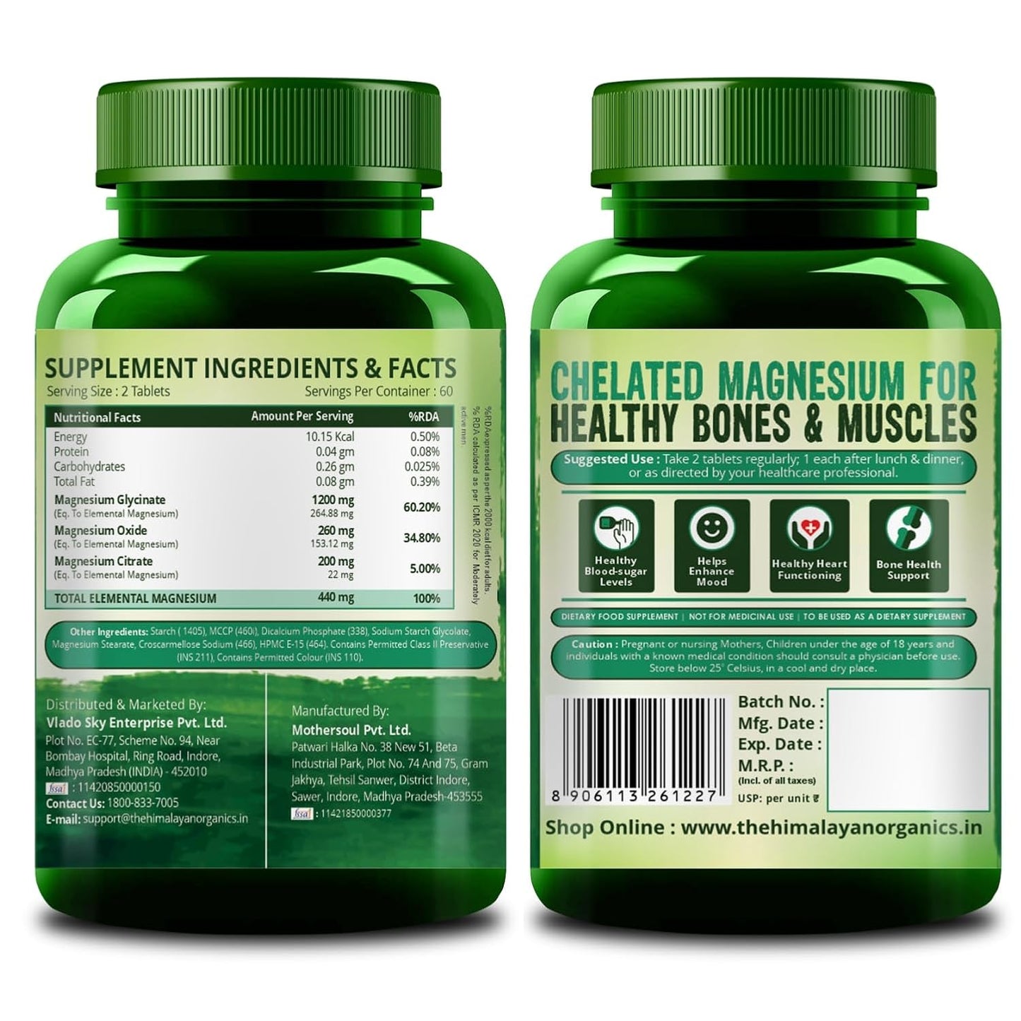Vlado’s Himalayan Organics Magnesium Citrate + Glycinate + Oxide Complex 1660 mg - Triple Magnesium Complex Supplement For Men And Women | Boost Heart, Nerve & Muscle Health | Good For Strong Bones | Clinically Proven - 120 Vegetarian Tablets
