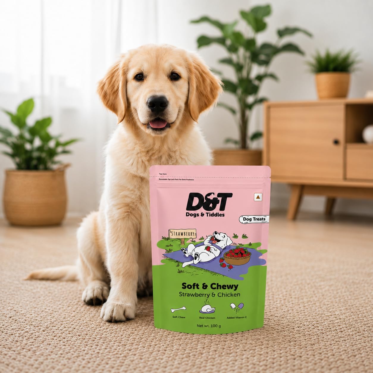 Dogs & Tiddles Strawberry & Real Chicken Dog Treats for Puppies & Adult Dogs, 100g | Soft & Chewy Puppy Treats | with Vitamin E & Antioxidants|Tasty Training Treats and Dog Snacks
