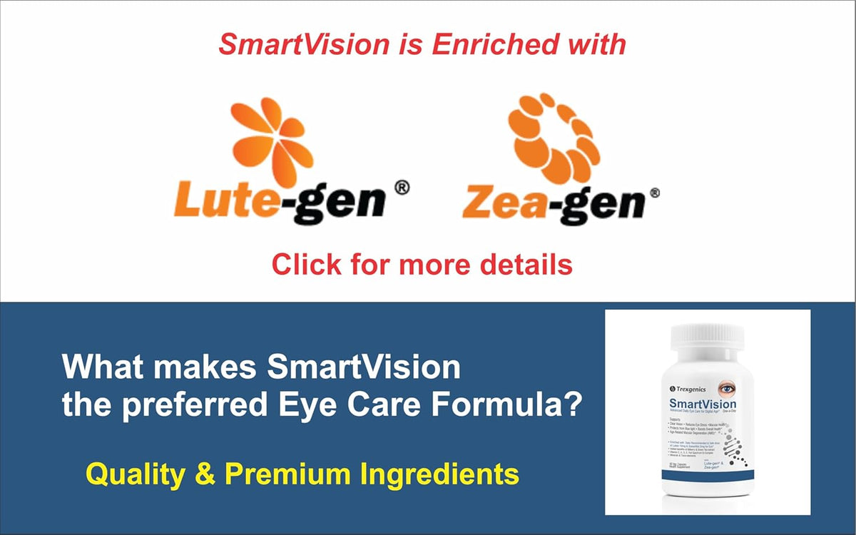 Advertisement for SmartVision eye care formula with Lute-gen and Zea-gen, featuring a bottle on a white and blue background.