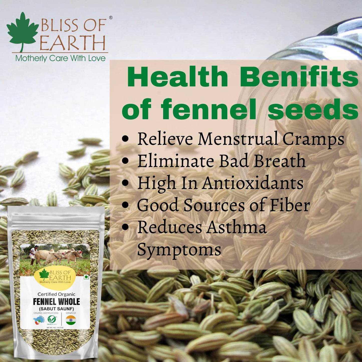 Bliss of Earth Certified Organic Fennel seed (Saunf) Indian Spice Fresh & Sweet Great for Weight loss | digestive health or Cooking (500gm)