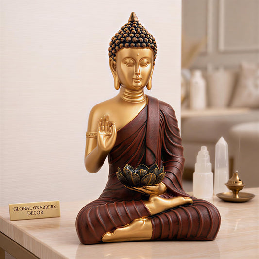 Heeran Art Blessing Lotus Buddha Statue for Home Decor | Buddha Idol for Home Decor | Home Decoration Items for Living Room | Showpiece & Show Pieces for Home Decor Living Room|DB2 (RED Golden)