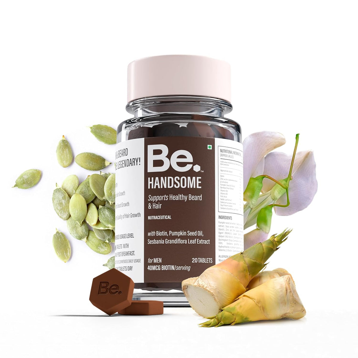 Be. Handsome Hair & Beard Growth Supplement | Biotin, Pumpkin Seed Oil & Bamboo Shoot Extract | Stronger Hair, Beard Fullness & Reduced Hair Fall | Travel Pack | 20 Tablets