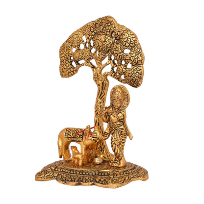 Collectible India Metal Krishna Idol Murti with Kamdhenu Cow - Gold Plated Showpiece (Set of 10)