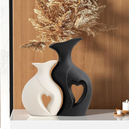 THE SACRED GIFTS  Black and White Vase Heart Shape Ceramic Vase | Modern Boho Hollow Flower Vases | Nordic Aesthetic Decor | Decorative Vases for Room | Home Book Shelf | Table Decor (Set of 2)