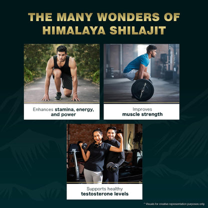 Advertisement for Himalaya Shilajit with images of people exercising and text about its benefits.