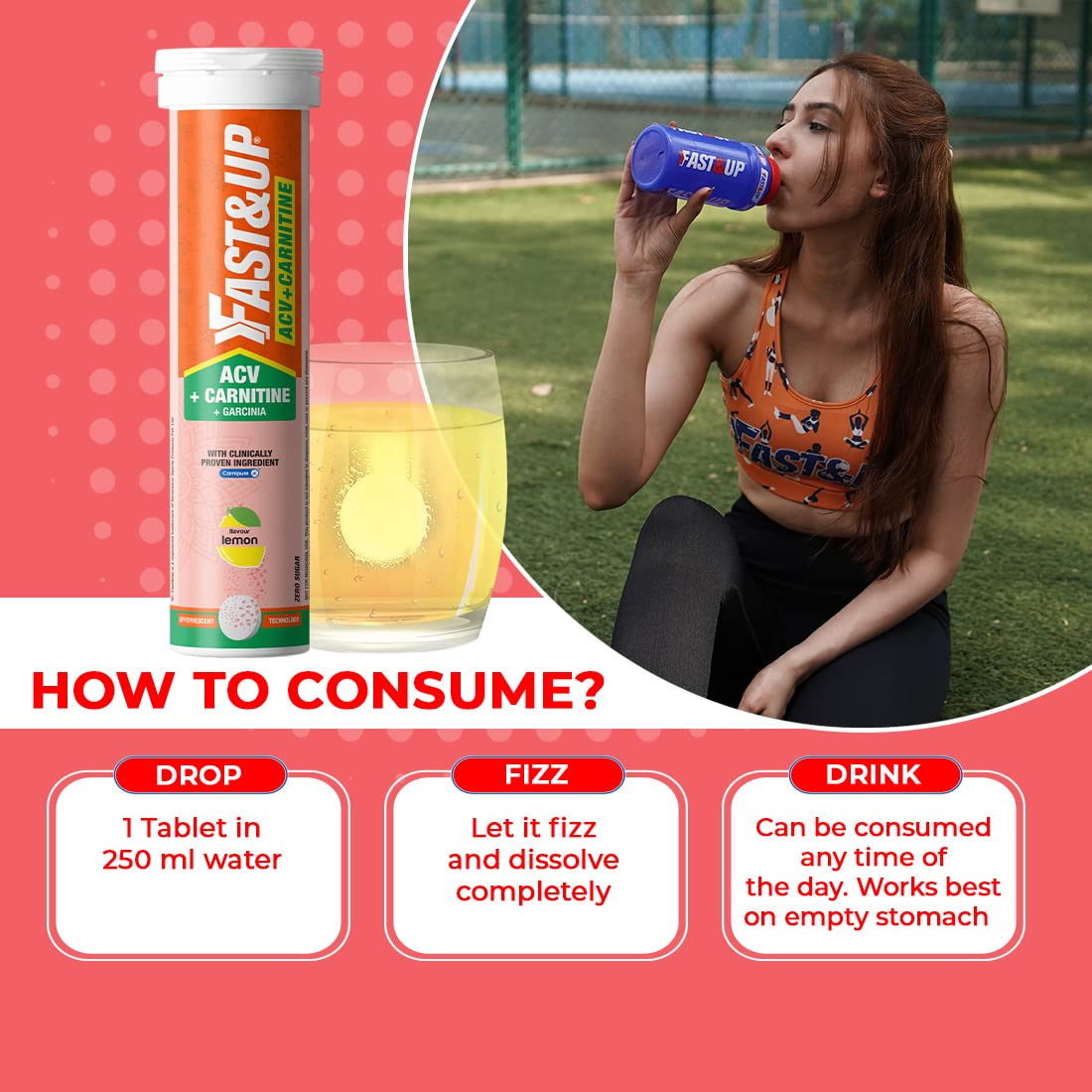 Fast&Up ACV + Carnitine | 500mg ACV | 350mg L-Carnitine | 500mg Garcinia| Triple Action Formula l Energy Booster l Essential Daily Supplement | Lemon Flavour (15 Effervescent Tablets)