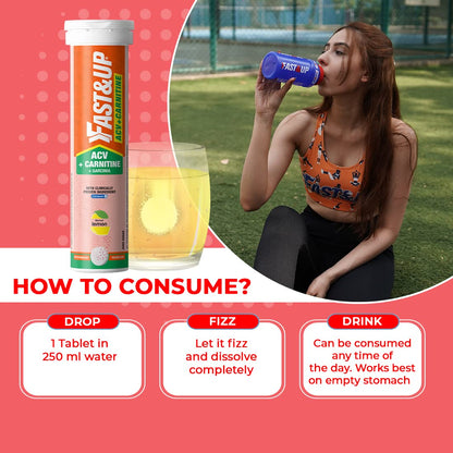 Fast&Up ACV + Carnitine | 500mg ACV | 350mg L-Carnitine | 500mg Garcinia| Triple Action Formula l Energy Booster l Essential Daily Supplement | Lemon Flavour (15 Effervescent Tablets)