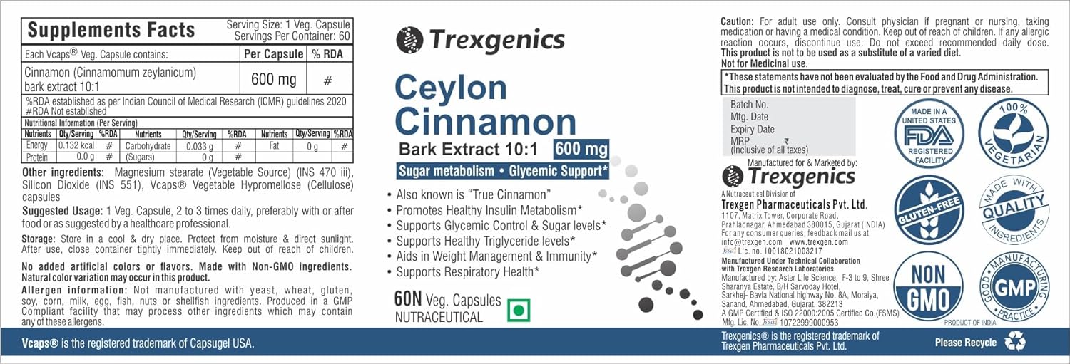 Trexgenics Ceylon Cinnamon supplement label with text and logos.