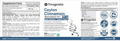 Trexgenics Ceylon Cinnamon supplement label with text and logos.