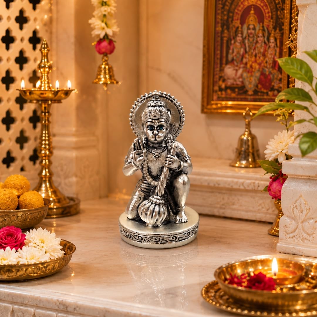 Gold Art India Hanuman Idol 999 Silver Plated | 2.8 Inch Antique Matte Bajrangbali Murti with Velvet Gift Box for Home Temple, Office Desk & Car Dashboard