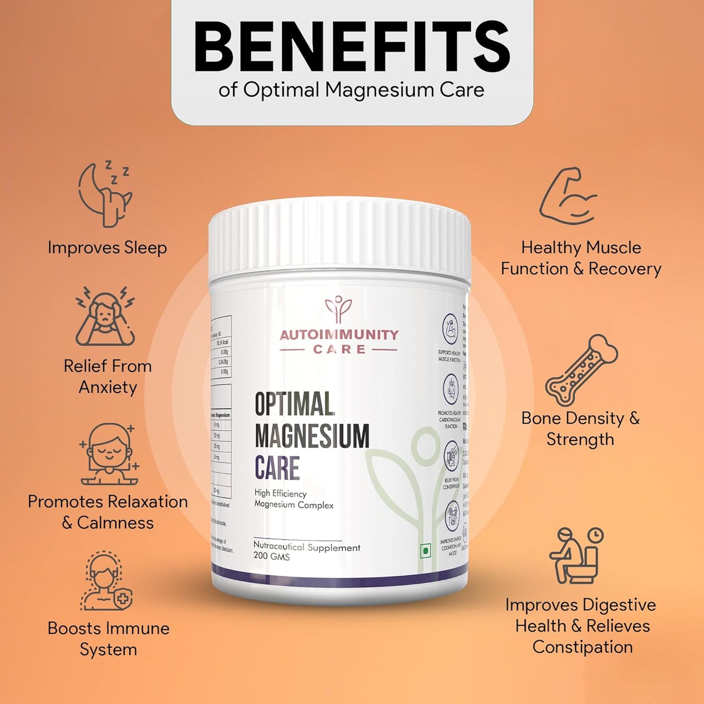 Autoimmunity Care Optimal Magnesium Care – 4-in-1 Magnesium Complex with B6 | Magnesum Glycinate, Citrate, Malate & Oxide | Supplement for Sleep, Stress, Muscle Cramps, Bones & Nerves | 200 gm (50 Servings)
