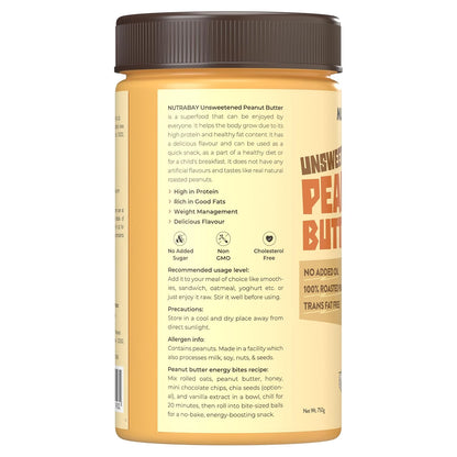 Nutrabay Foods All-Natural Peanut Butter (Creamy) - Unsweetened, 750g | 100% Roasted Peanuts, 28g Protein, Zero Cholesterol, Vegan, Gluten Free, Non GMO