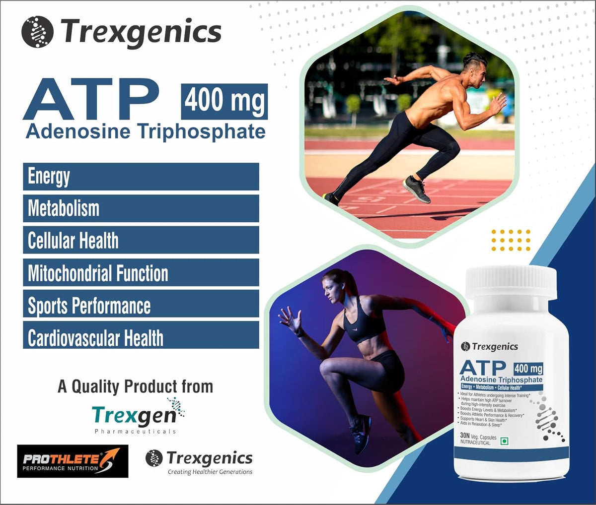 Trexgenics ATP 400 mg supplement packaging with athletes on a track and field, highlighting energy and health benefits.