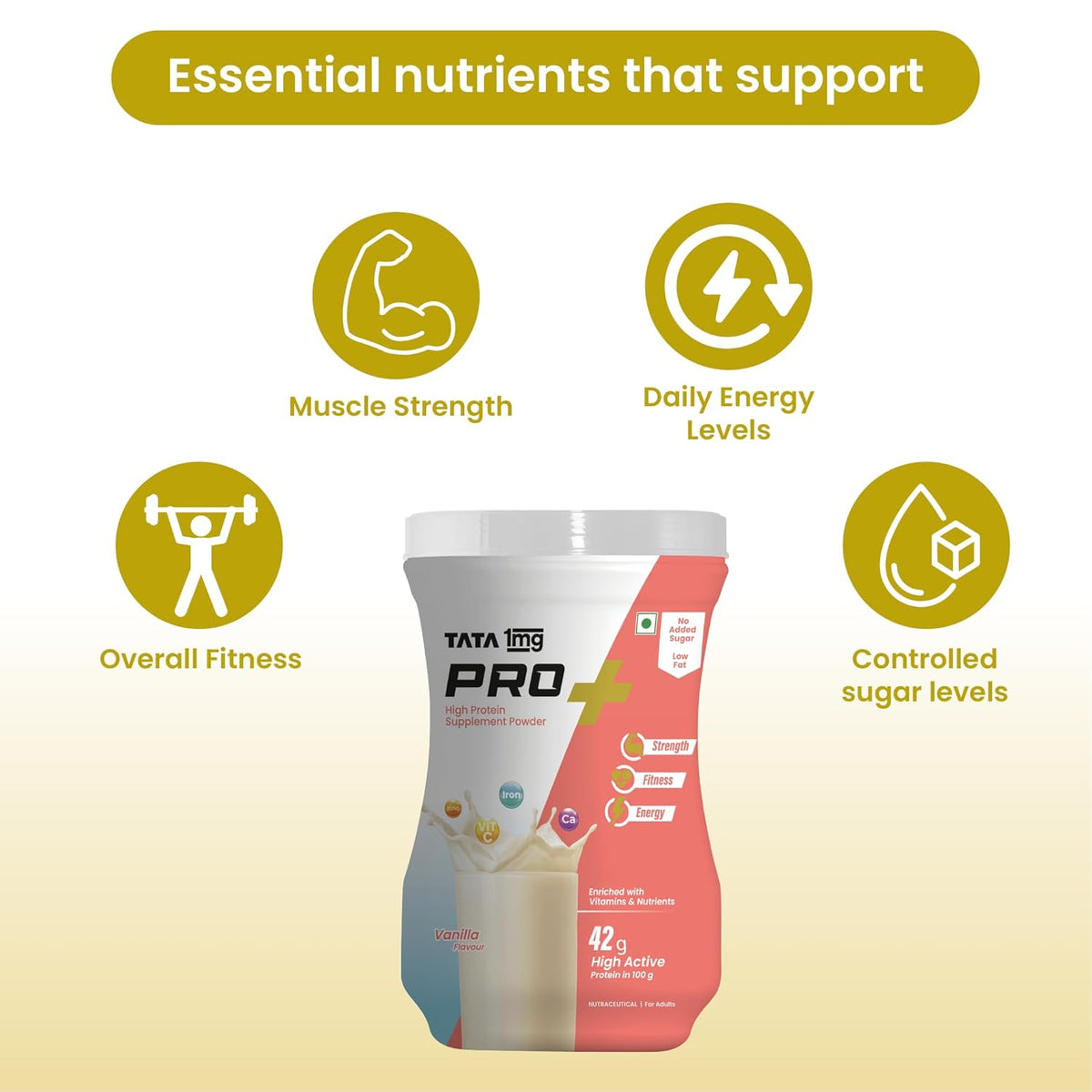 Tata 1mg Pro+ Soy Protein Supplement Powder- High Protein for Muscle & Bone Strength, Overall Fitness, and Energy with 23 essential nutrients,Low Fat & No Added Sugar,Vanilla Flavour