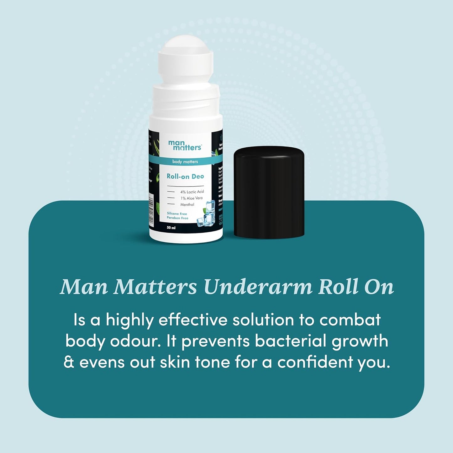 Man Matters Underarm Deodrant Roll-On 50 Ml | Long Lasting Cooling Freshness, Removes Bad Odour, Brightens Underarms | 4% Lactic Acid, 1% Aloe Vera & Menthol | Aluminium Free