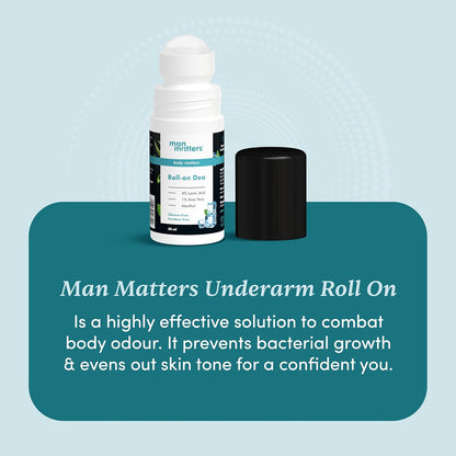 Man Matters Underarm Deodrant Roll-On 50 Ml | Long Lasting Cooling Freshness, Removes Bad Odour, Brightens Underarms | 4% Lactic Acid, 1% Aloe Vera & Menthol | Aluminium Free